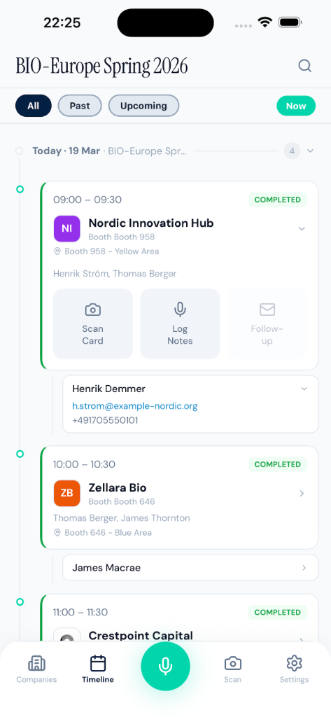 Conference Companion app — Timeline view showing meetings at BIO-Europe Spring 2026